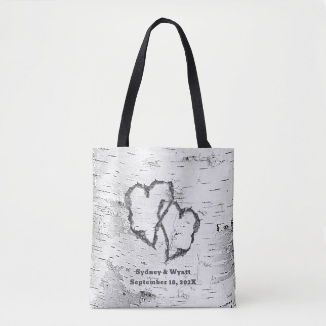 White Birch Two Hearts Personalized Wedding Tote Bag (Front)