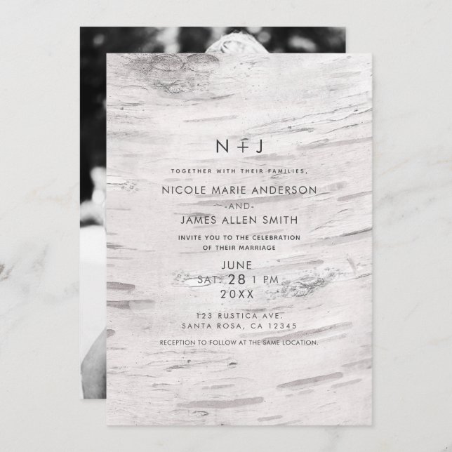 White Birch Wood Rustic Barn Modern Photo Wedding Invitation (Front/Back)