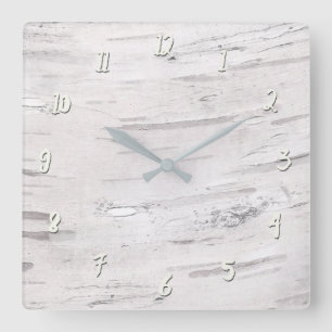 White Birch Wood Rustic Country Farmhouse Barn Square Wall Clock