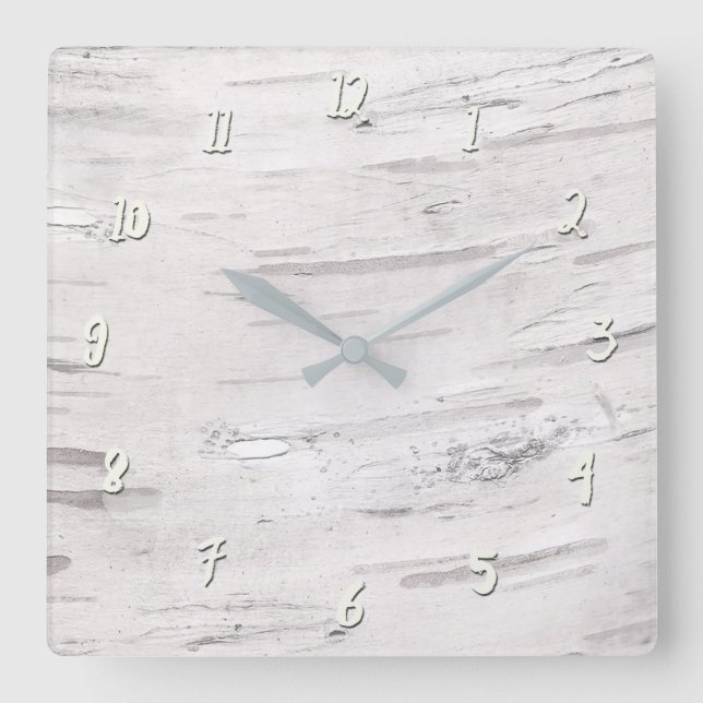 White Birch Wood Rustic Country Farmhouse Barn Square Wall Clock (Front)
