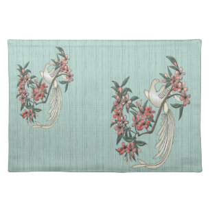 White Bird - Cherry Blossoms Aqua Cloth Placemat