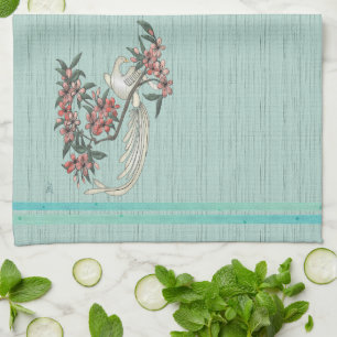 White Bird - Cherry Blossoms Aqua  Kitchen Towel