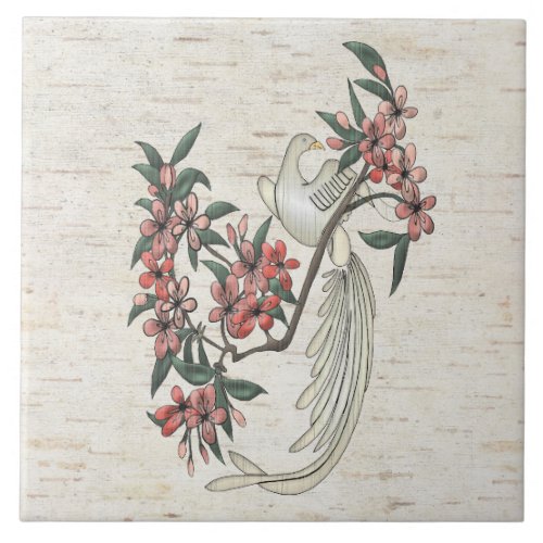 White Bird  Cherry Blossoms on Birch Ceramic Tile