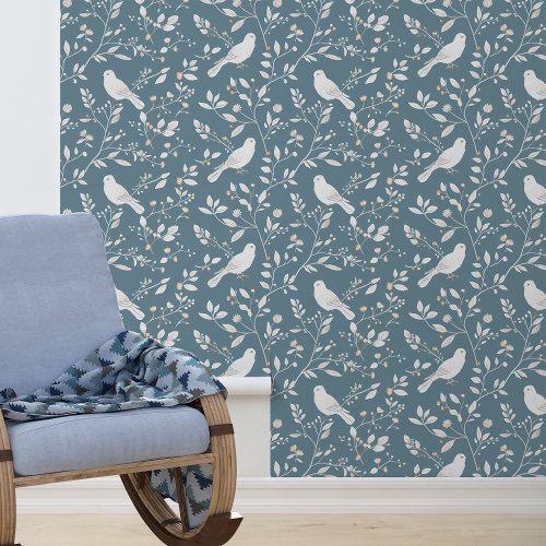 White Bird Dusty Blue pattern Wallpaper