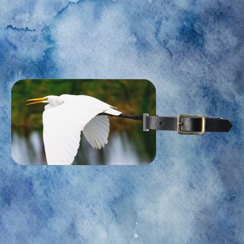 White Bird Egret Flying Photograph Luggage Tag