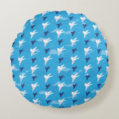 White Bird Fly in the Blue Sky Pattern Round Pillow