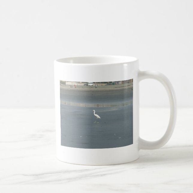 White Bird on Gray Sand Beach Art Print Coffee Mug (Right)