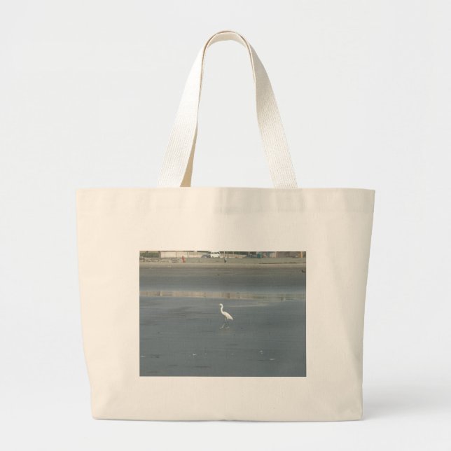 White Bird on Gray Sand Beach Art Print Large Tote Bag (Front)