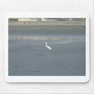 White Bird on Gray Sand Beach Art Print Mouse Pad
