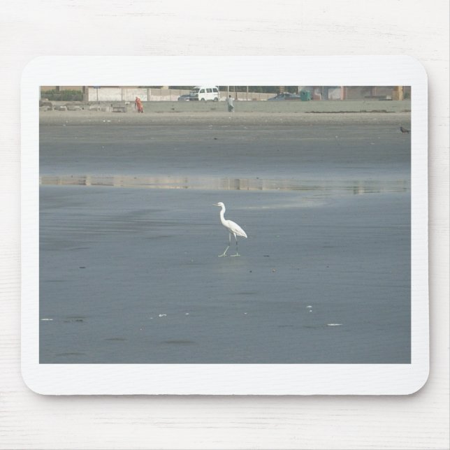White Bird on Gray Sand Beach Art Print Mouse Pad (Front)