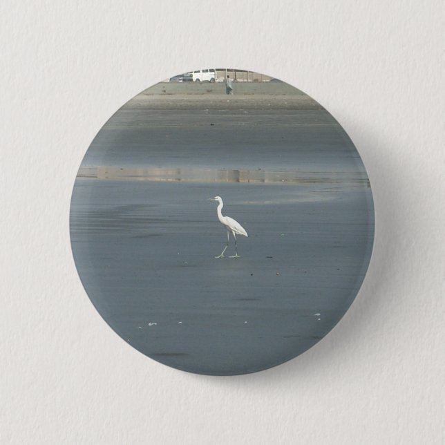 White Bird on Gray Sand Beach Art Print Pinback Button (Front)