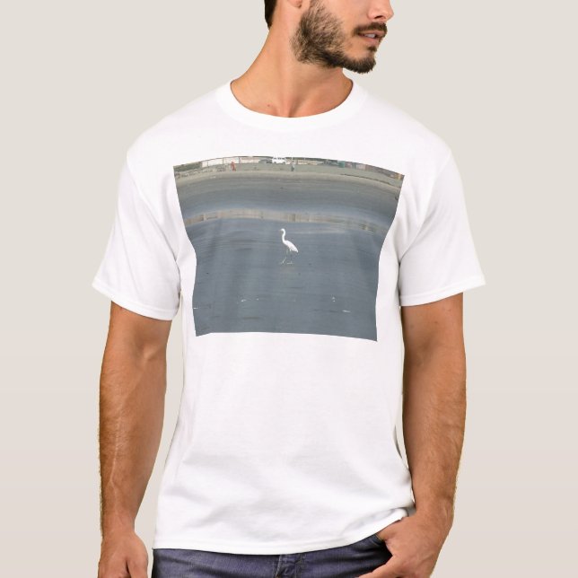 White Bird on Gray Sand Beach Art Print T-Shirt (Front)