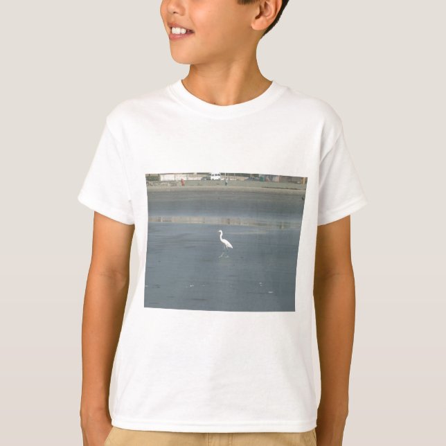 White Bird on Gray Sand Beach Art Print T-Shirt (Front)