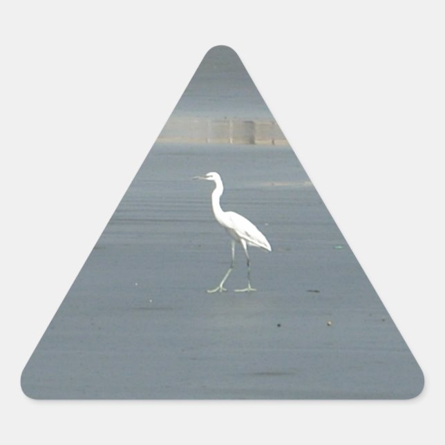 White Bird on Gray Sand Beach Art Print Triangle Sticker (Front)
