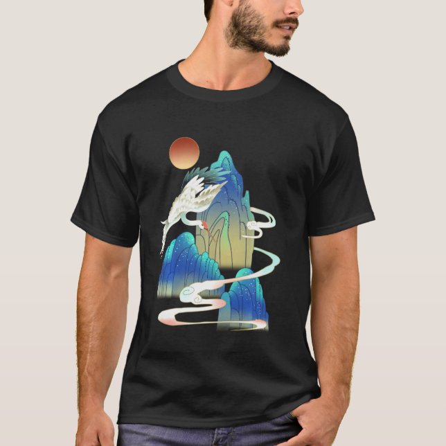 White Bird Snow Crane Sunset Chinese Painting Shan T-Shirt (Front)