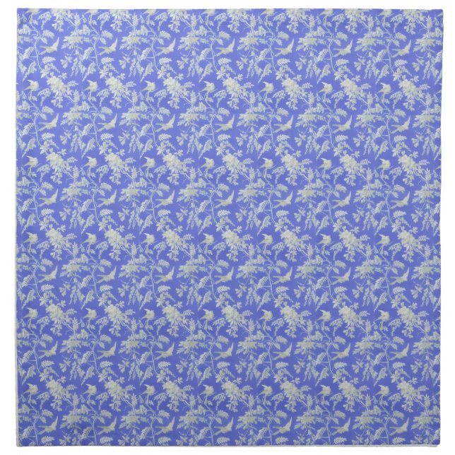 White Birds and Flowers on Blue Cloth Napkin (Front)