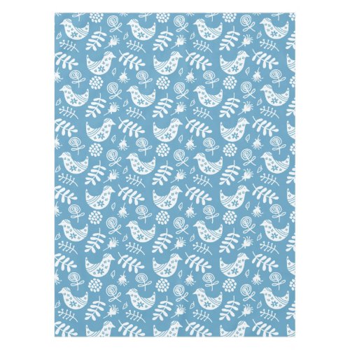 White Birds and Flowers on Blue   Tablecloth