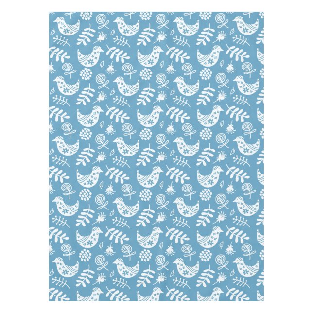 White Birds and Flowers on Blue   Tablecloth (Front)