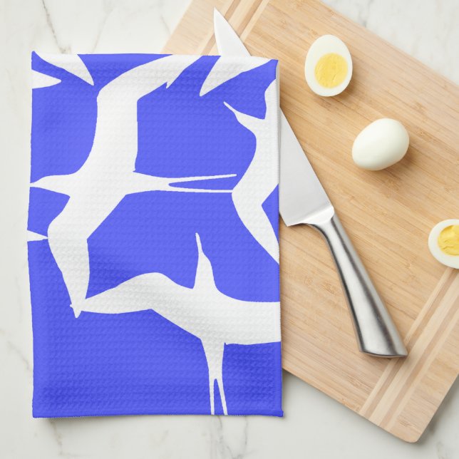 White Birds Blue Background Sea Theme Kitchen Towel (Quarter Fold)