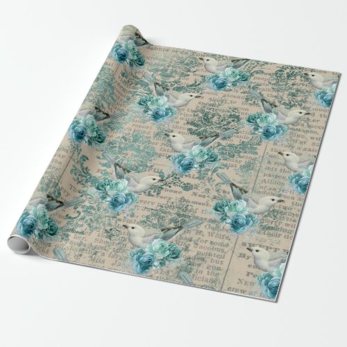 White Birds Blue Flowers and Newsprint Wrapping Paper