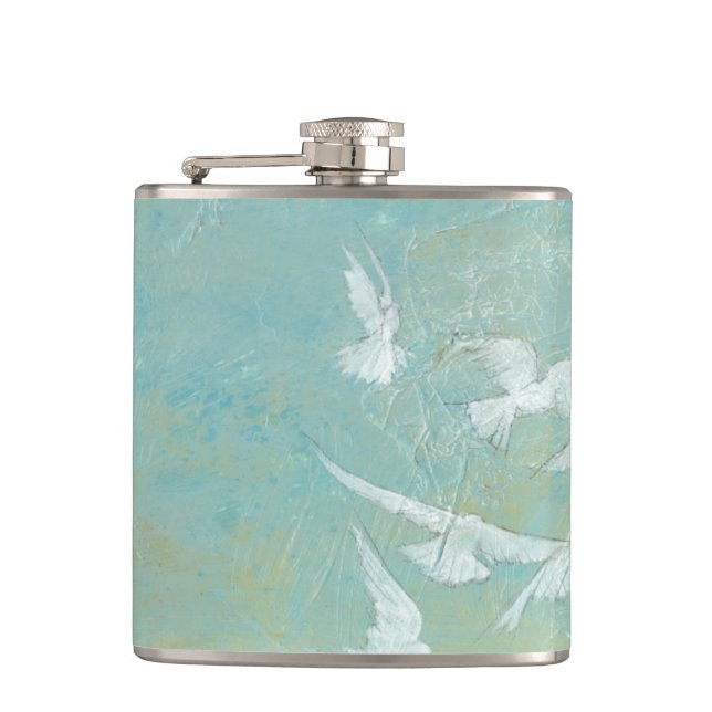 White Birds Flying Through Blue Sky Hip Flask (Front)