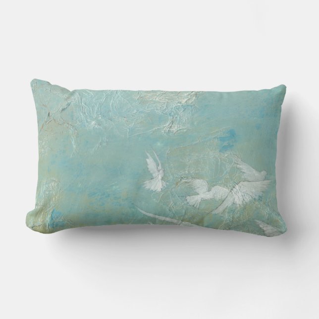 White Birds Flying Through Blue Sky Lumbar Pillow (Front)