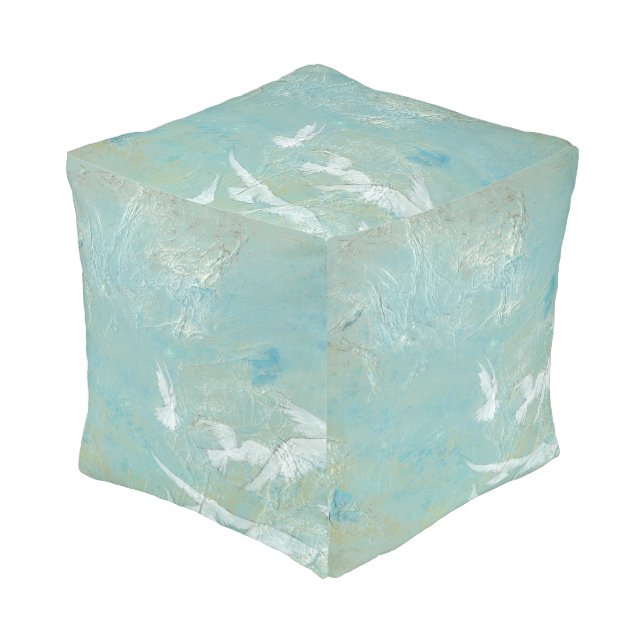 White Birds Flying Through Blue Sky Pouf (Angled Front)