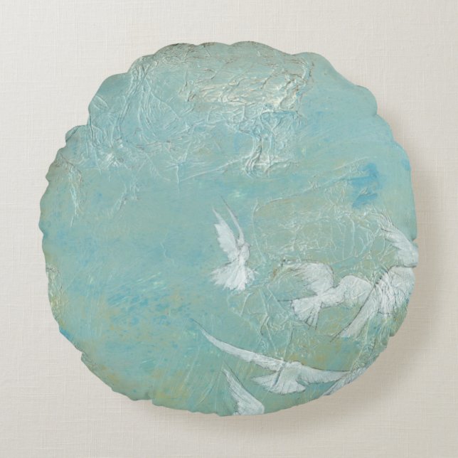 White Birds Flying Through Blue Sky Round Pillow (Front)