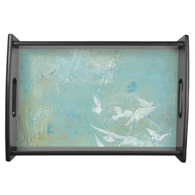 White Birds Flying Through Blue Sky Serving Tray (Front)