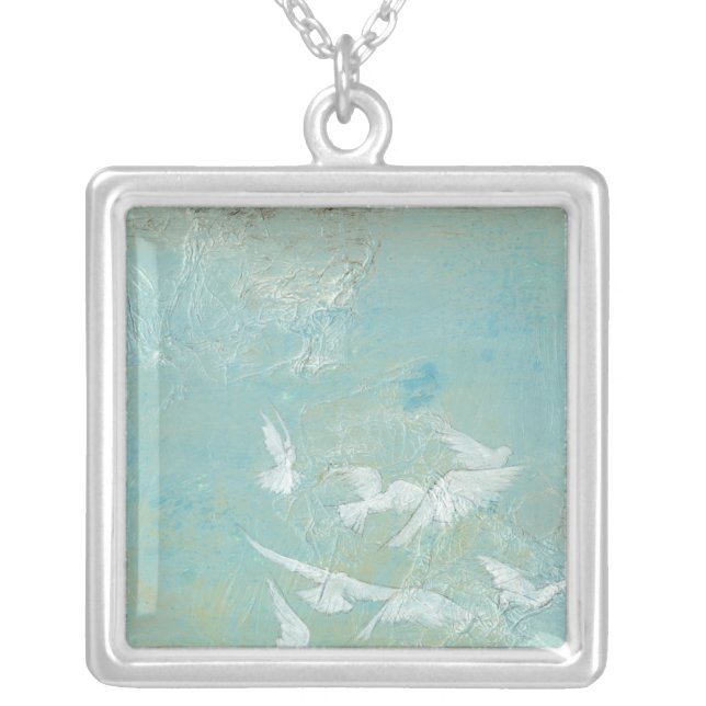 White Birds Flying Through Blue Sky Silver Plated Necklace (Front)