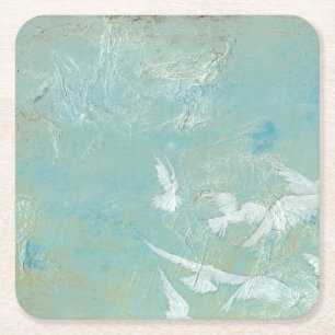 White Birds Flying Through Blue Sky Square Paper Coaster