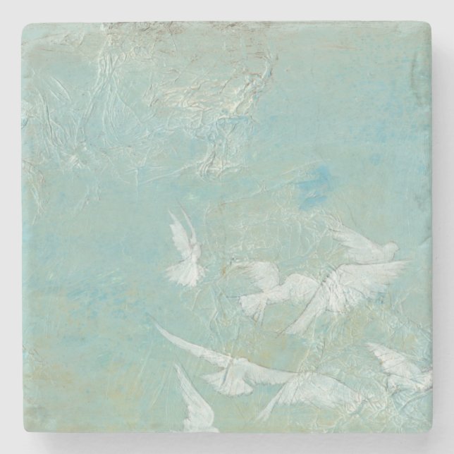 White Birds Flying Through Blue Sky Stone Coaster (Front)