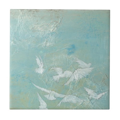 White Birds Flying Through Blue Sky Tile