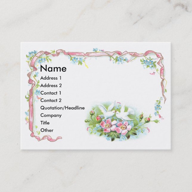 White Birds, Pink Ribbon & Wild Roses Business Card (Front)