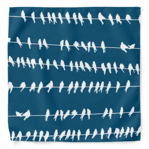 White Birds Silhouettes on Wires on Blue Bandana