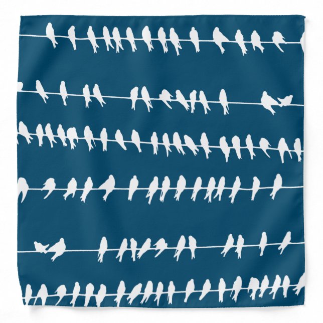 White Birds Silhouettes on Wires on Blue Bandana (Front)