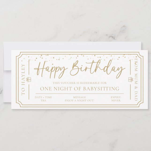 White Birthday Babysitting Gift Voucher Card (Front)