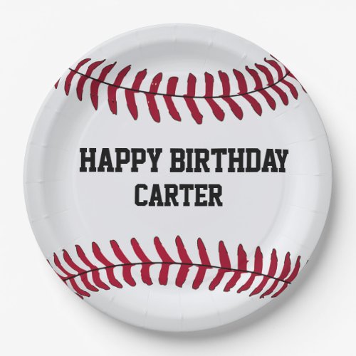 White Birthday Baseball with Name  Paper Plates