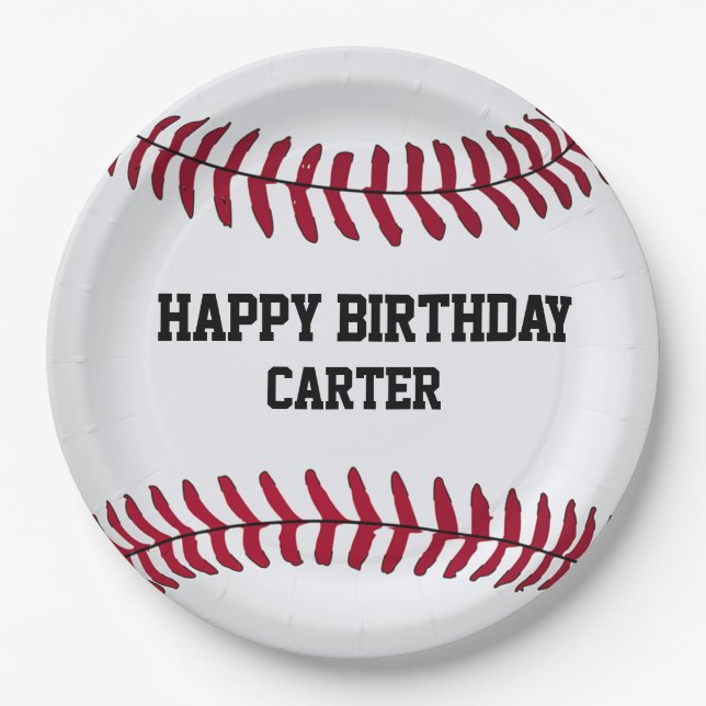 White Birthday Baseball with Name  Paper Plates (Front)
