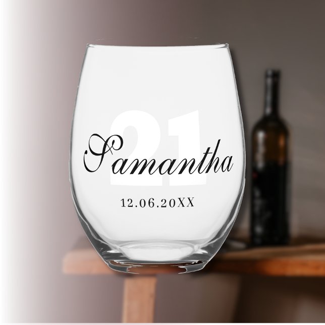 White Birthday Number | Black Name Date Stemless Wine Glass (Creator Uploaded)