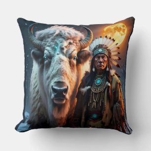 White Bison and Native American Chief Throw Pillow
