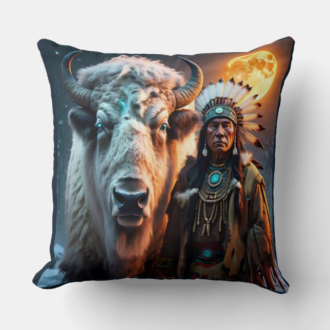 White Bison and Native American Chief Throw Pillow (Front)