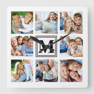 White Black 8 Photo Grid Family Collage Monogram Square Wall Clock