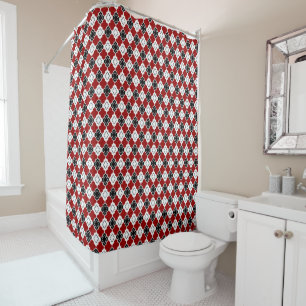 White, Black, and Deep Red Quatrefoil Pattern Shower Curtain