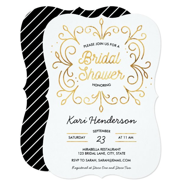 White Black And Faux Gold Bridal Shower Invitation