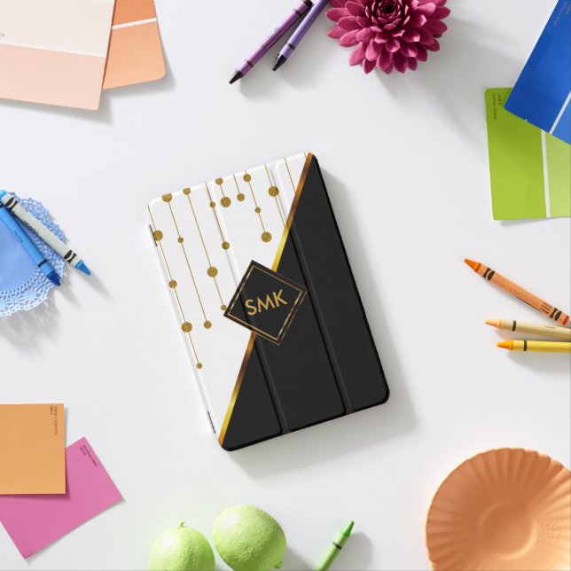 White, Black and Gold Art Deco Design iPad Mini Cover (In Situ)