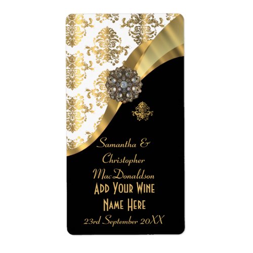 White black and gold damask wedding wine bottle label