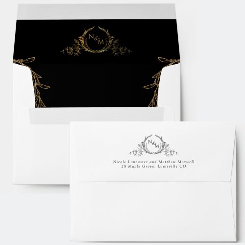 White Black and Gold Elegant Monogram Wedding Envelope