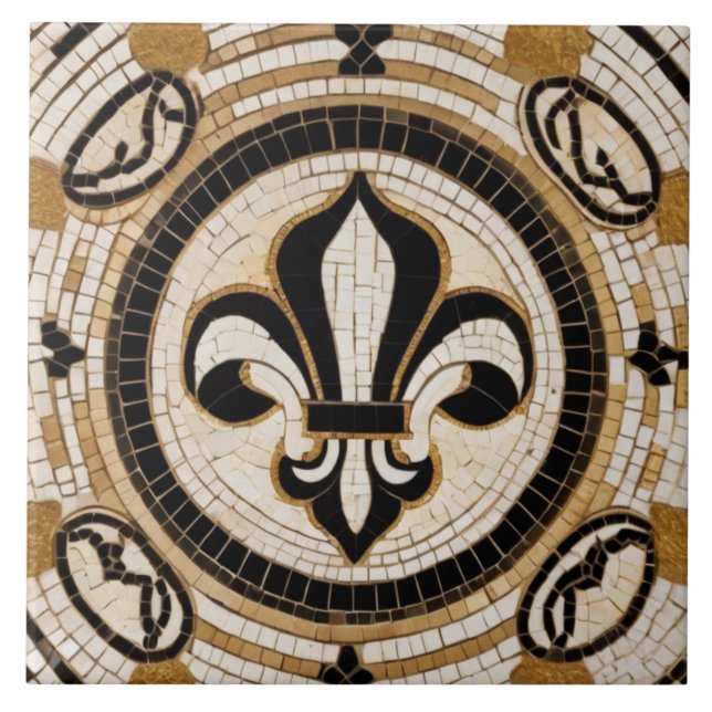 White Black and Gold Fleur de Lis Faux Mosaic Ceramic Tile (Front)