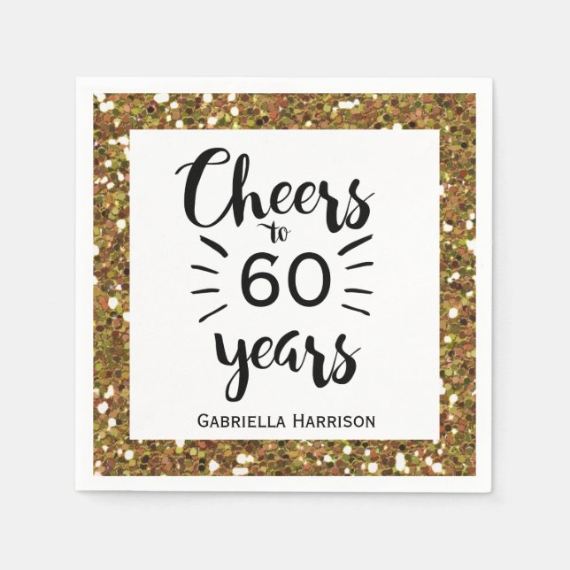 White Black and Gold Glitter 60th Birthday Napkins (Front)
